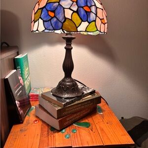 Tiffany & Co. Stained Glass Lamp with Blue and Orange Accents